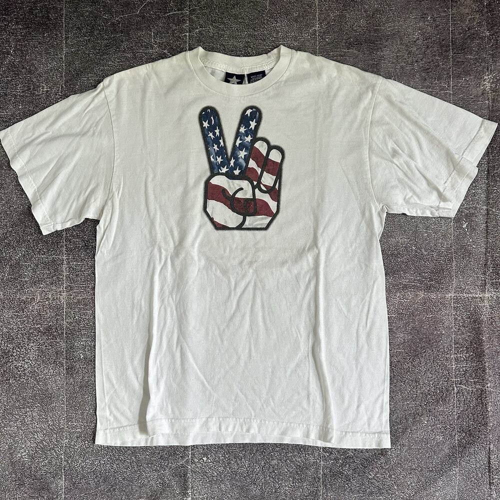 Men's Vintage Y2K United States Flag Peace Sign White Graphic T Shirt Tee Sz L